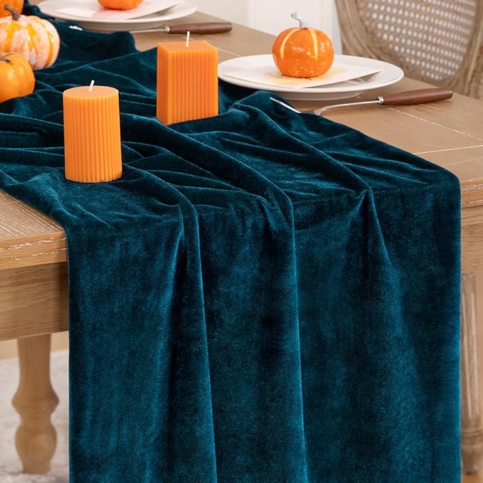 Peacock Green Velvet Table Runner 3 Pack Fall Thanksgiving Turquoise Table by DeZerlor