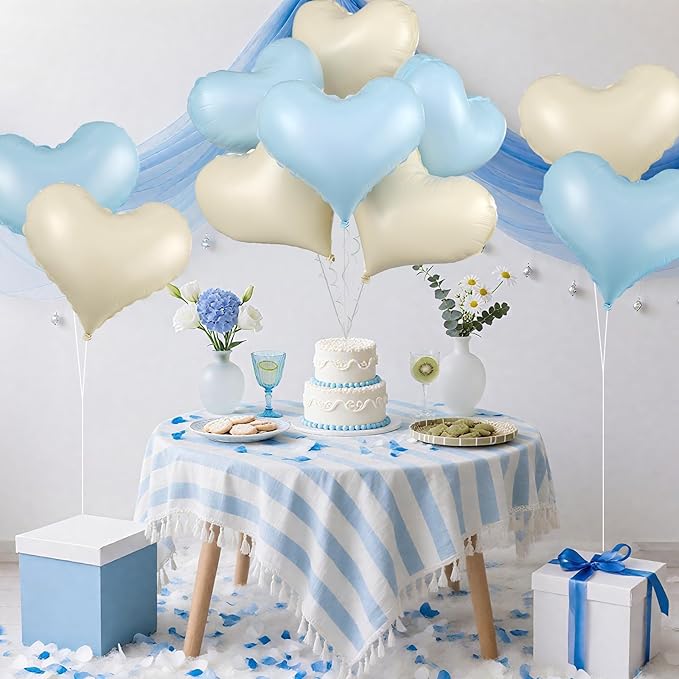 Blue White Heart Balloons, 24Inch Large Cream White Heart Foil Balloons - Image 6