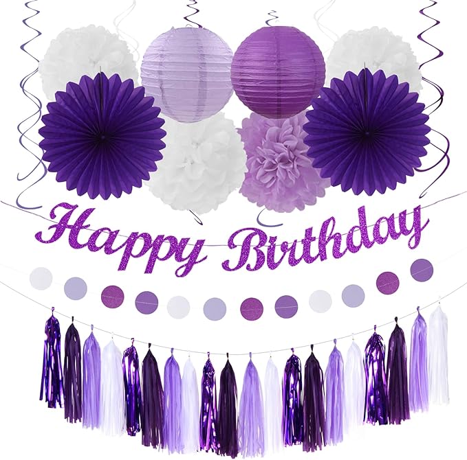 Purple-Lilac Lavender-White Happy Birthday Party-Decorations by Unknown