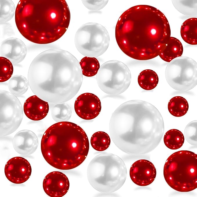 300Pcs Red&White Polished No Hole Pearl Beads Vase Filler, Christmas Vase by Cusmation