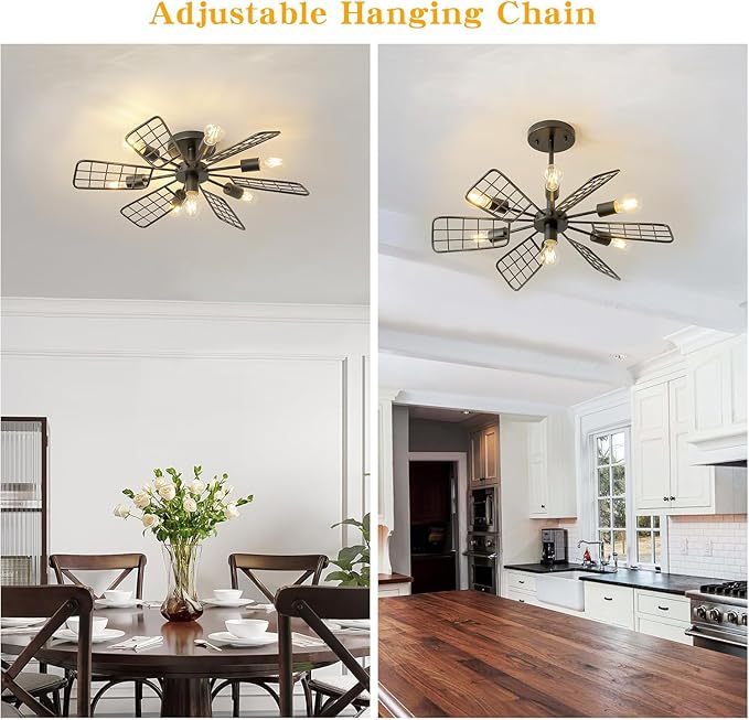Modern Farmhouse Chandelier, 28 Inch Black Metal Geometry Rustic Vintage Semi - Image 5