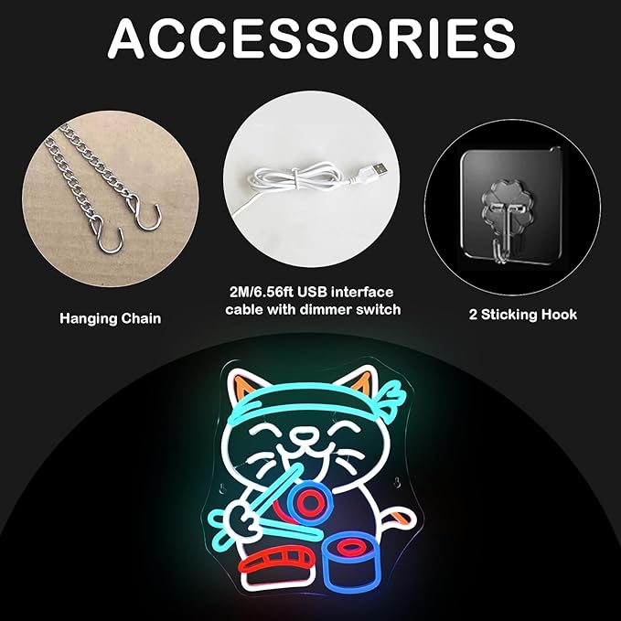 Wanxing LED Neon Sign for Wall Decor, Ramen Cat Eat Sushi Neon Light, USB - Image 6