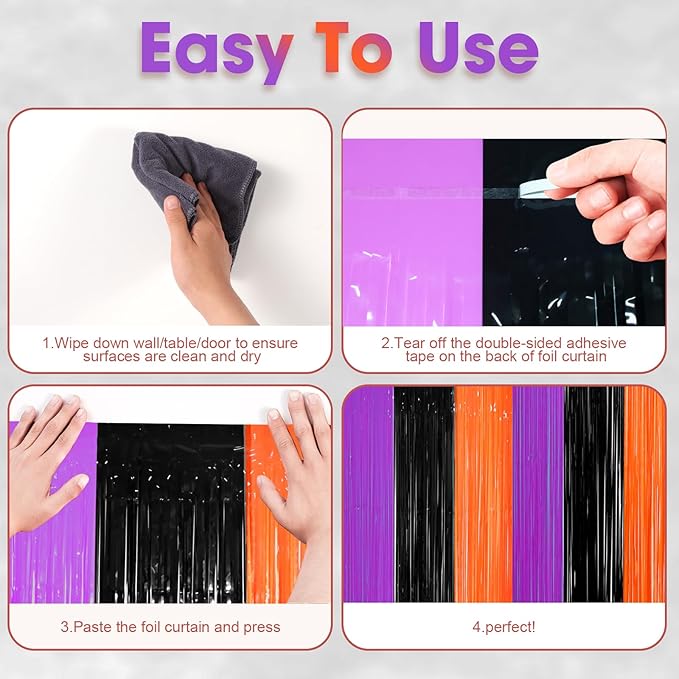 3 Pack 3.3 x 8.2 ft Halloween Foil Fringe Backdrop Curtains, Tinsel Streamers - Image 3