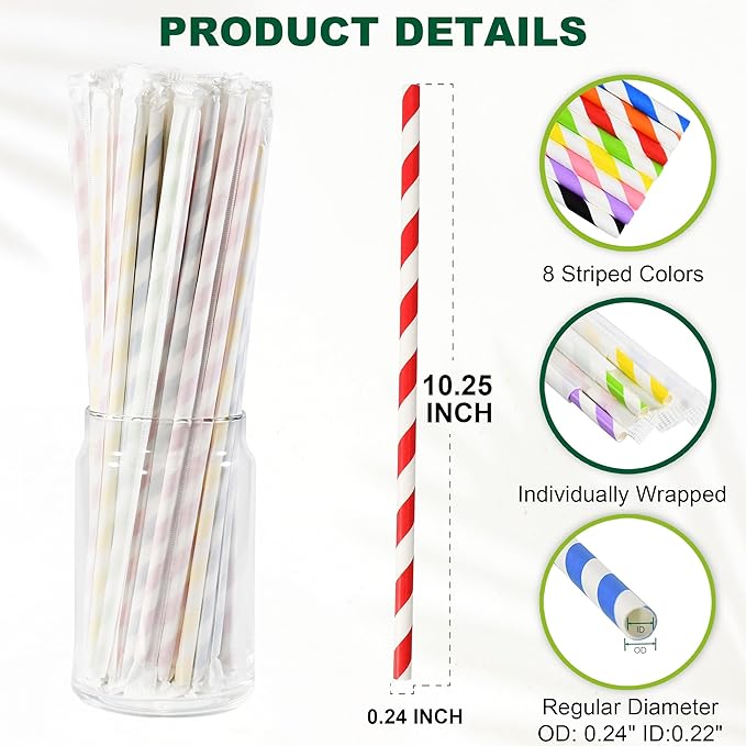 10.25 Inch Long Disposable Paper Straws Biodegradable Individually Wrapped - Image 2