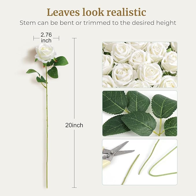 60PCS Artificial Roses Bulk, Realistic White Flowers - Image 2
