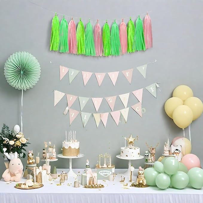 Green Light Green and Pink Tassel Garland Banner Paper Tassels - Image 4