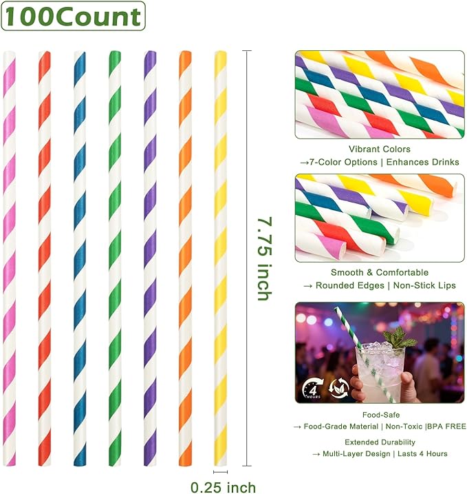 100 Pack Striped Paper Straws for Drinking– Sturdy & Non-Soggy – 100% - Image 3