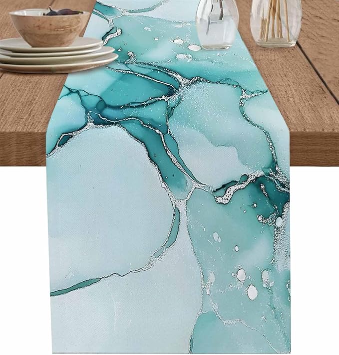 Turquoise Marble Cotton Linen Table Runner by Unknown