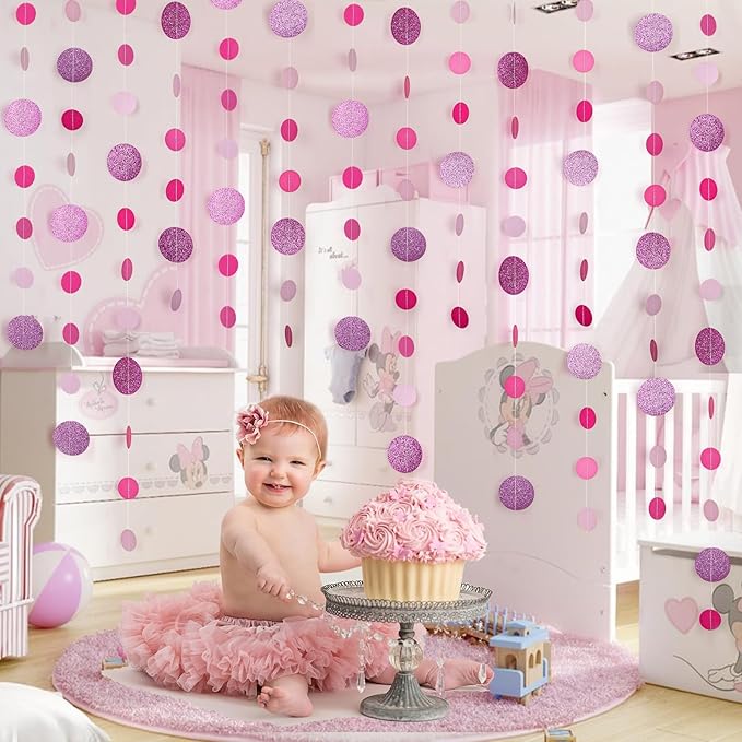 8 Pack Pink Glitter Dot Garland, Hanging Circle Streamers Banner, Backdrop - Image 7