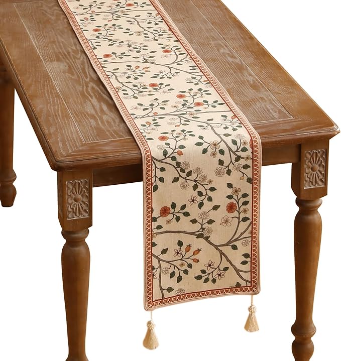 ISAENNE Designer Elegant Linen Floral Table Runner 71 Inches Long, Farmhouse by Isaennehomedecoration