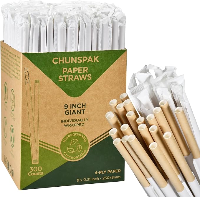 9'' x 0.31'' Giant Paper Drinking Straws Individually Wrapped 300 Counts by chunspak