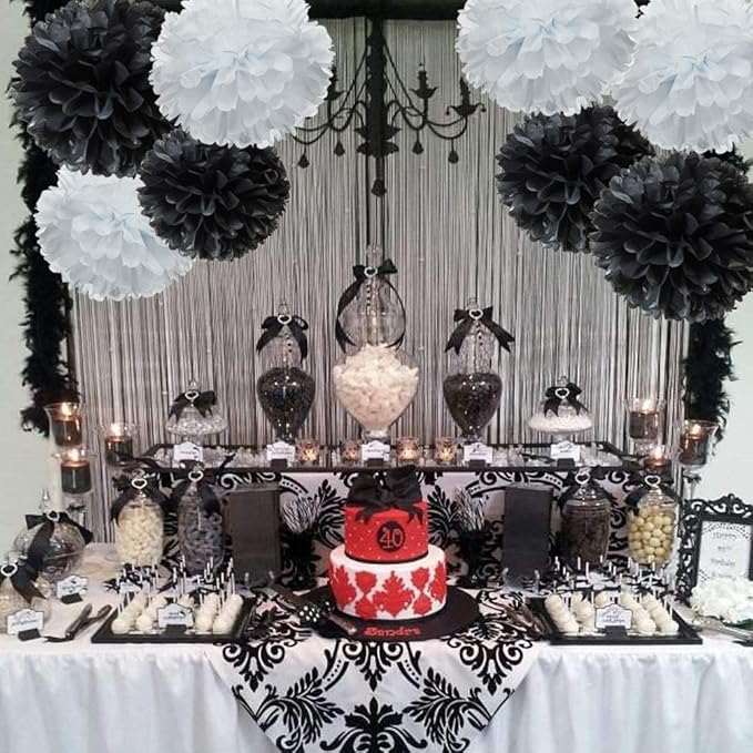 Black and White Paper Flower Tissue Pom Poms Party Supplies - Image 2