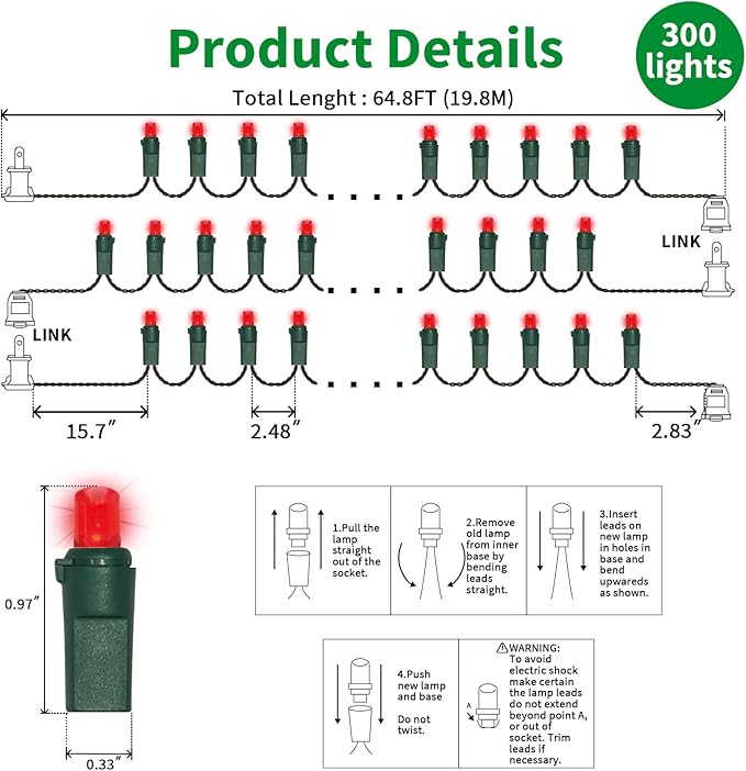 Red Wide Angle LED Christmas Lights, 64.8 Ft 300 Count - Image 5