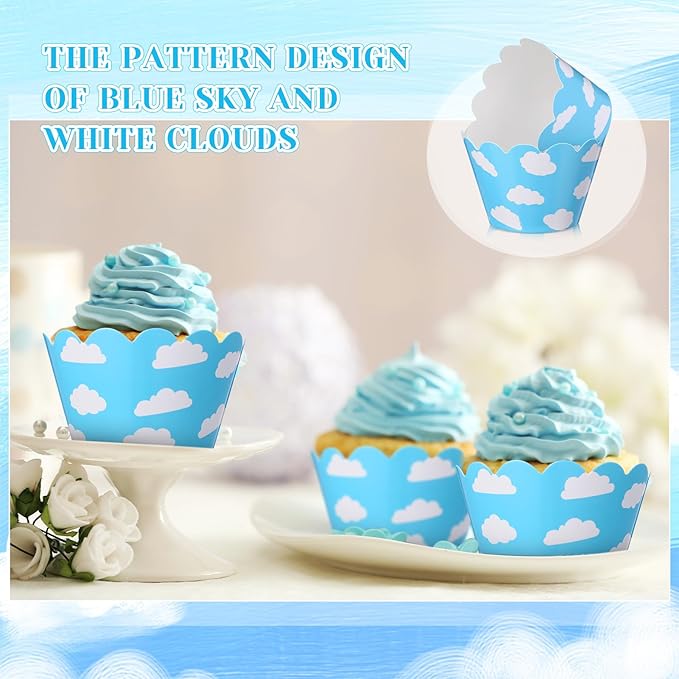 Domensi 100 Pcs Sky Clouds Blue Party Cupcake Wrappers Cloud Cupcake Liners - Image 6