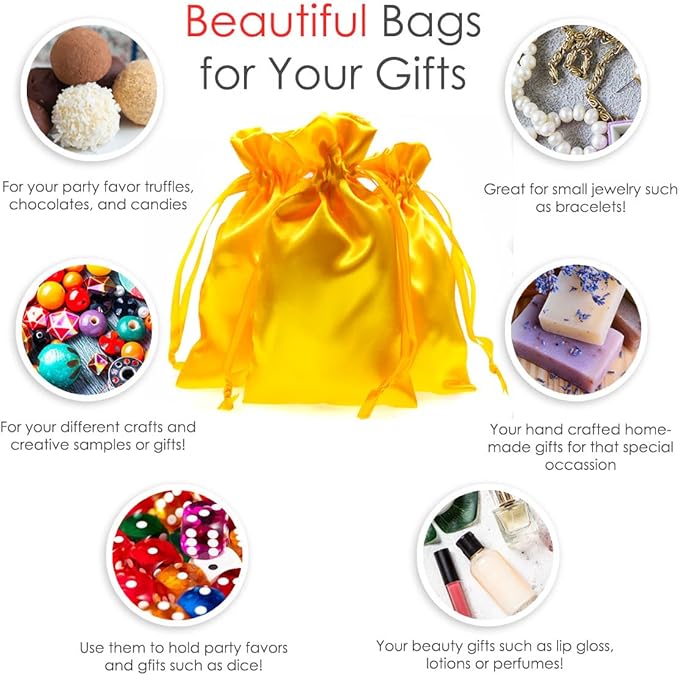 Knitial 4" x 6" Golden Yellow Satin Gift Bags, Wedding Favor Drawstring Bags - Image 2
