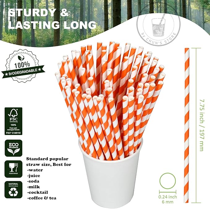 Chunspak Orange/White Striped Paper Drinking Straws Bulk - Image 2