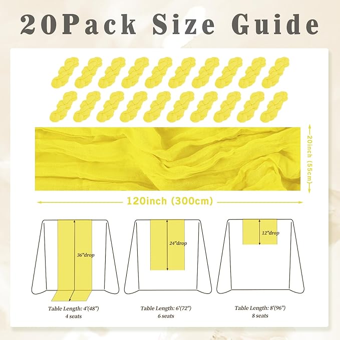 20 Pack Yellow Cheesecloth Table Runner 20 x 120 Inch Long Rustic Gauze Cheese - Image 2