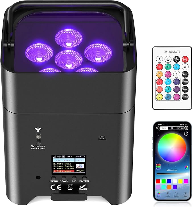 9600mAh Wireless Uplights, 6x18W RGBWA UV Rechargeable Stage Lights, by DazzlingStageStageLights