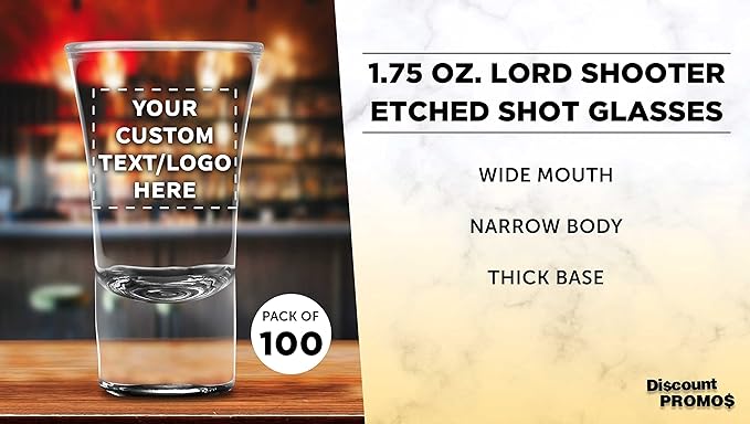 Custom 2 oz. Lord Shooter Etched Shot Glasses, 100 pack, Personalized Text - Image 3