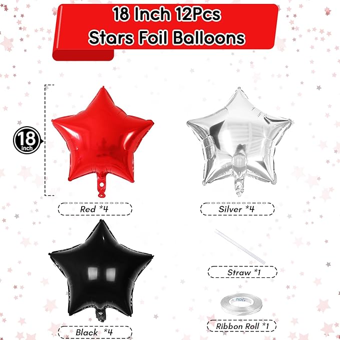 Black Red Star Balloons, 18 Inch 12Pcs Black Red and Metallic Silver Star Shape - Image 2