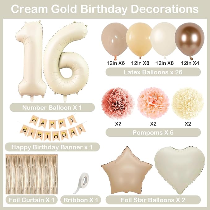 Beige 16th Birthday Decorations Girls Boys Cream Number 16 Balloon Nude Gold - Image 4