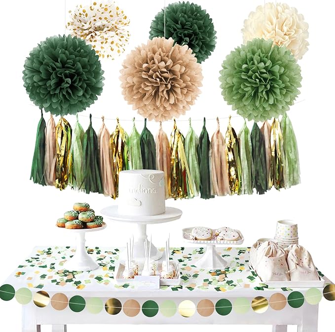 AOBKIAT Sage Green Wedding Party Decorations, Circle Dots Garland Paper Tassels by aobkiat