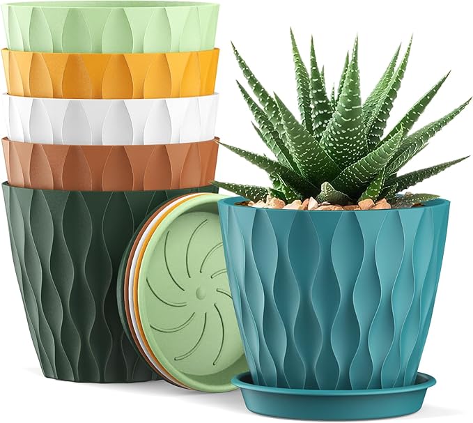 4 Inch Small Pots for Plants, 6 Pack Waffle Texture Small Plant Pots for by UOUZ