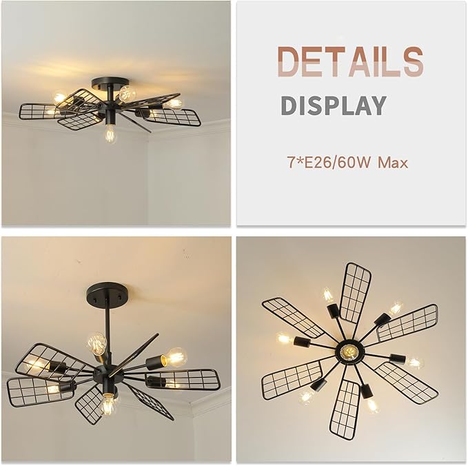 Modern Farmhouse Chandelier, 28 Inch Black Metal Geometry Rustic Vintage Semi - Image 6