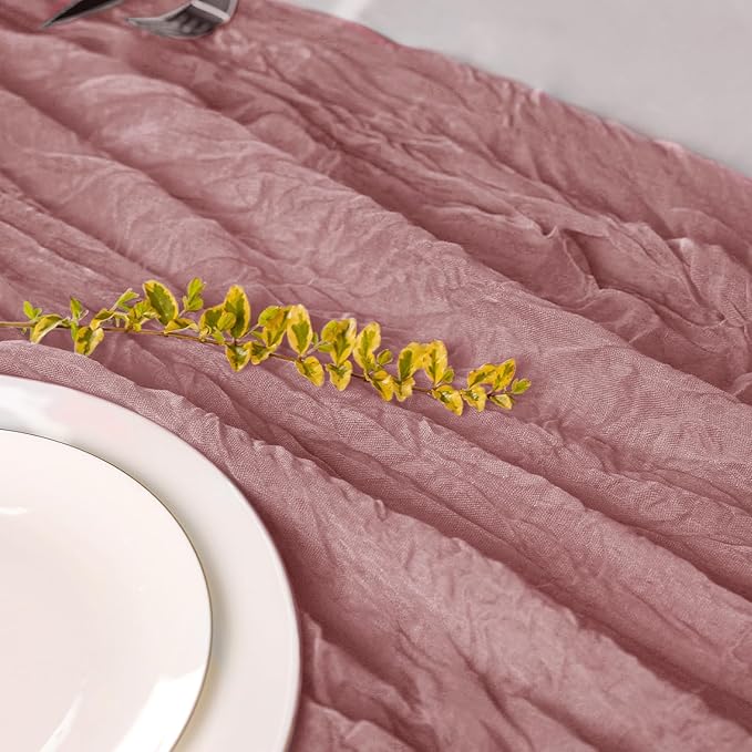 Hahuho Dusty Pink Cheesecloth Table Runner 10ft, Gauze Boho Rustic Table Runners - Image 3