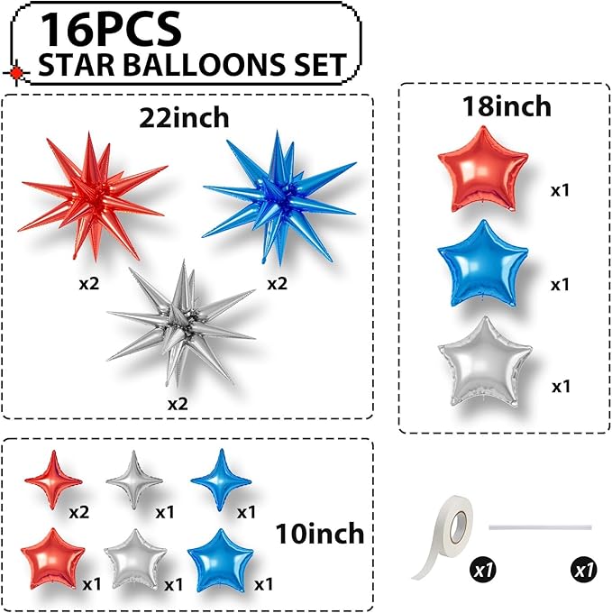 16 Pcs Red Blue Silver Star Balloons, 22/18/10 Inch Foil Balloons, Four-Pointed - Image 2