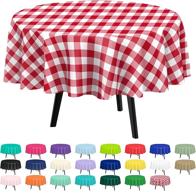 QIKSION Red Gingham Round Tablecloth 6 Pack, 84 Inch Plastic Checkered Table by QIKSION