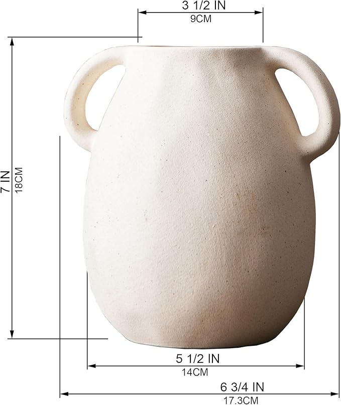 Kimdio White Ceramic Vase with 2 Handles – Sand-Glazed Clay Pottery Vase - Image 4