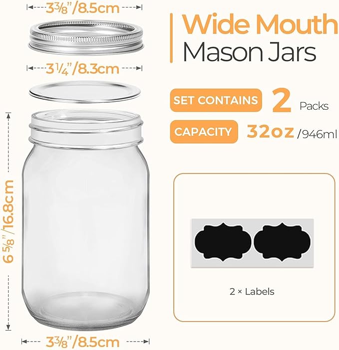 ComSaf Wide Mouth Mason Jars 32 oz - Image 2
