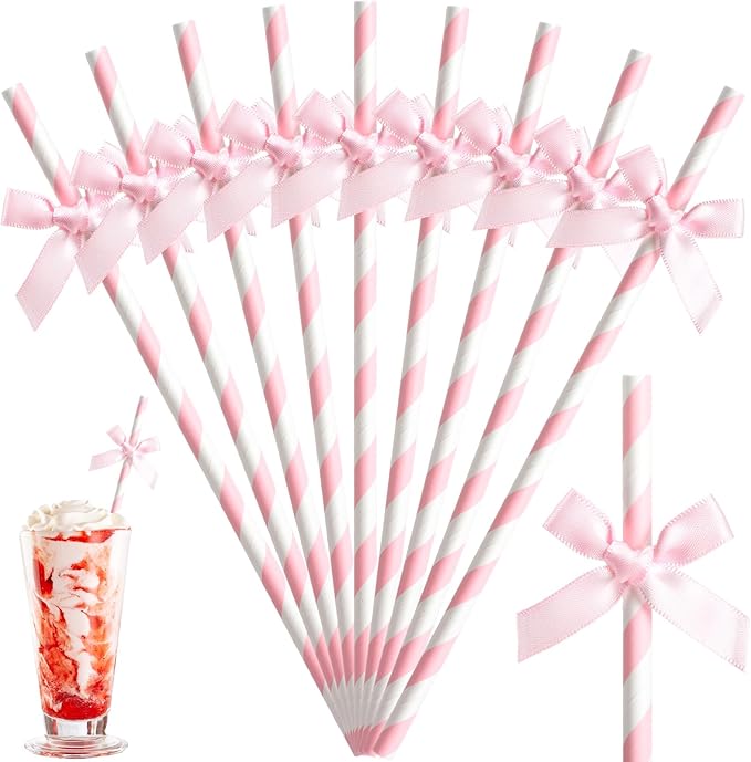 50 Pcs Pink Paper Straws for Drinking, Bow Disposable Striped Paper Straws Bulk by Potchen