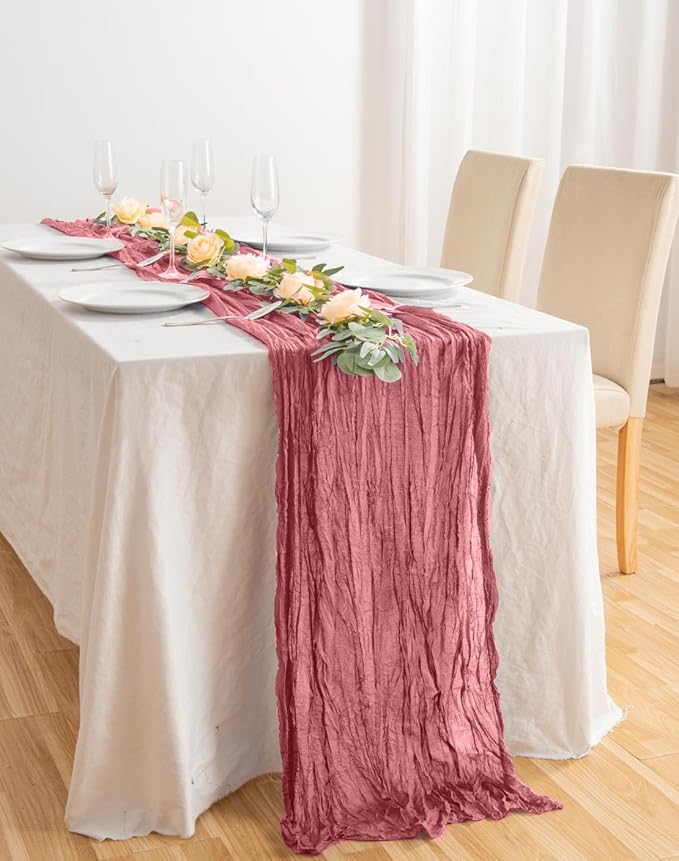 8 Pack 10Ft Table Runner 35x120 inch Dusty Rose Boho Gauze Table Cheese Cloth - Image 5
