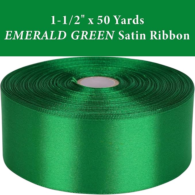 1-1/2 Inch Emerald Green Satin Ribbon 50 Yards Solid Fabric Ribbons - Image 2