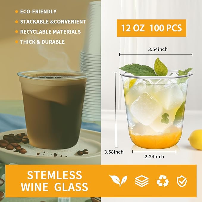 Disposable Stemless Glasses 12oz Crystal Plastic Cups Disposable Cold Party - Image 2