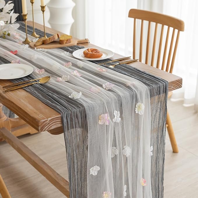 Romantic Artificial Floral Table Runner 10ft Gauze Tulle Lace Table Runner Set - Image 2