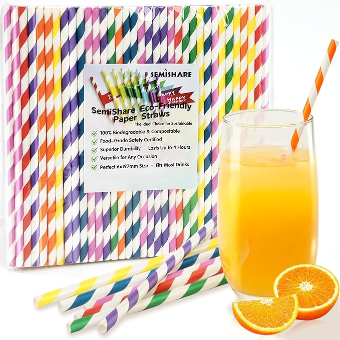 100 Pack Striped Paper Straws for Drinking– Sturdy & Non-Soggy – 100% by SemiShare