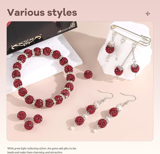 160pcs 10mm Rhinestone Beads for Jewelry Making, Dark Red Shiny Round Disco - Image 2