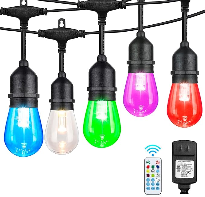 48FT RGB Outdoor String Lights, 15 Shatterproof Edison LED Bulbs, Waterproof by IPStank