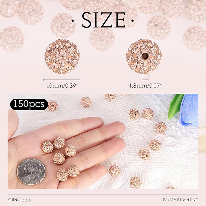 150 pcs 10mm Rhinestone Beads for Jewelry Making, Light Peach Shiny Round - Image 2