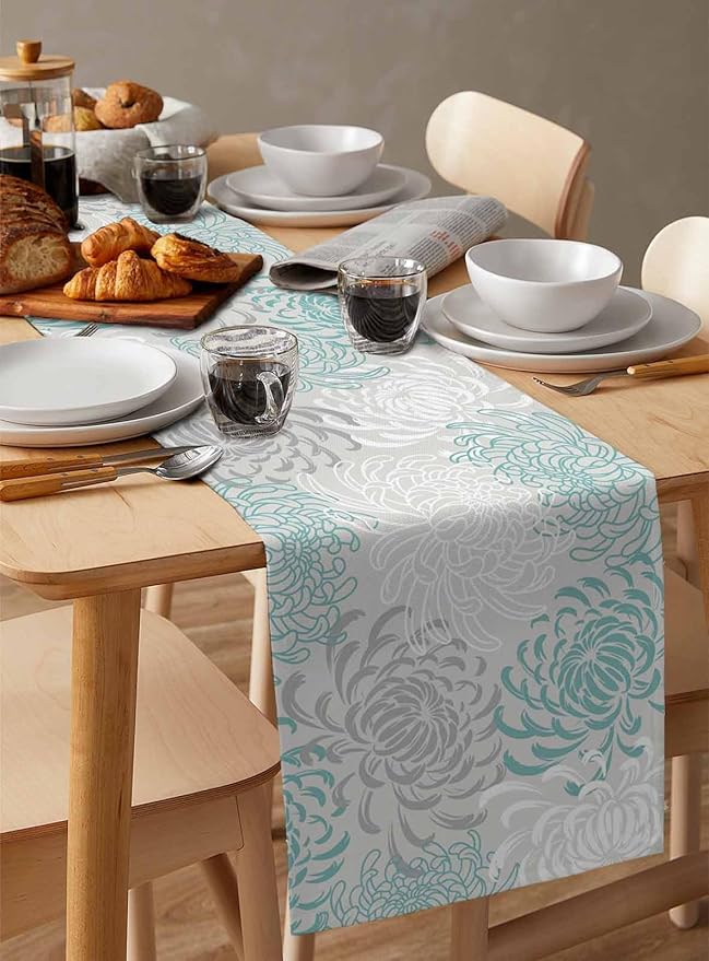 Auqa Chrysanthemum Cotton Linen Table Runner - Image 3