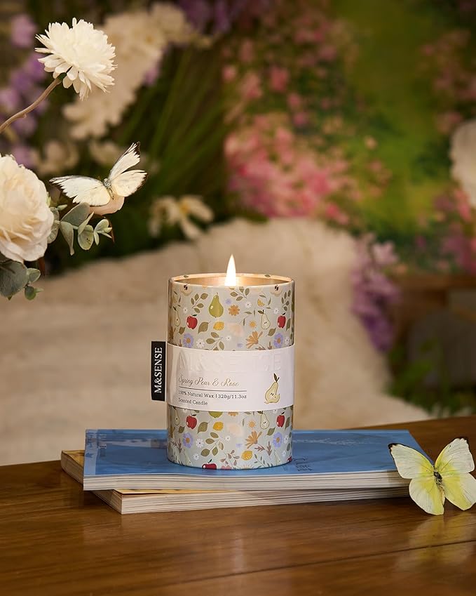 M&SENSE Spring Pear Rose Scented Candle, Medium Jar Candle 11.3oz Natural Soy - Image 4