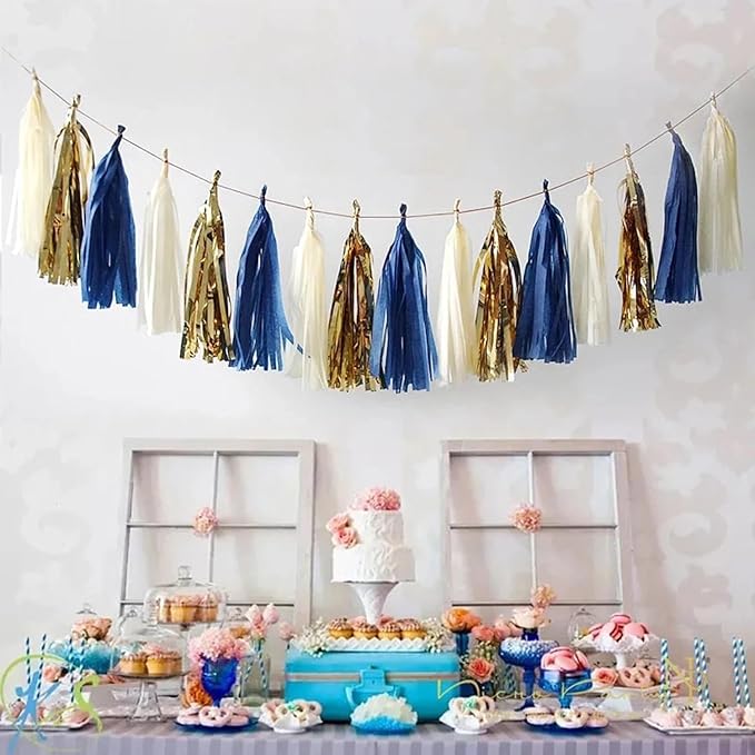 GAKA Navy Blue and Light Blue Tissue Paper Tassel, Paper Tassel Garland Banner - Image 4