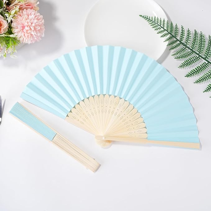 50pcs Blue Paper Hand Fan Bamboo Folding, Handheld Paper Folded - Image 4