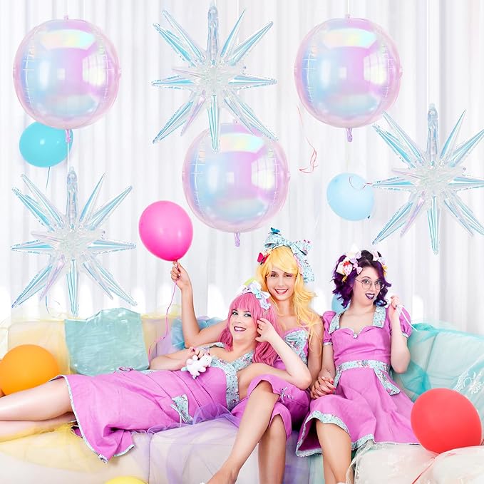 6Pcs Iridescent Foil Balloons, 22in 4D Round Ball and 18in Explosion Star - Image 5