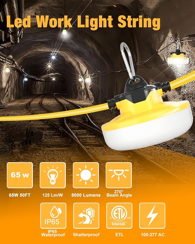LED Construction String Light 50FT, 65W 8000Lm Industrial LED String Work Lights - Image 2