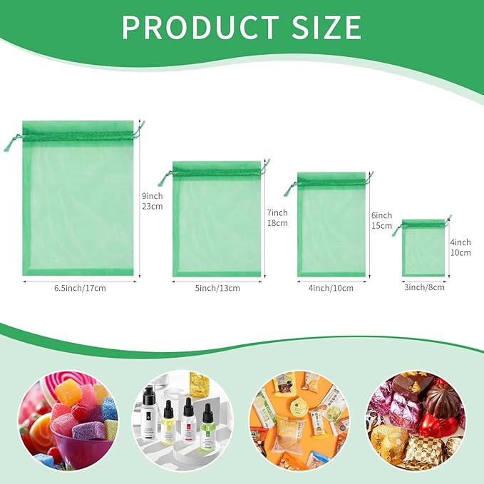 50 Pcs 3x4 Inch Christmas Green Organza Bags, Mesh Bags Drawstring Small Pouch - Image 2
