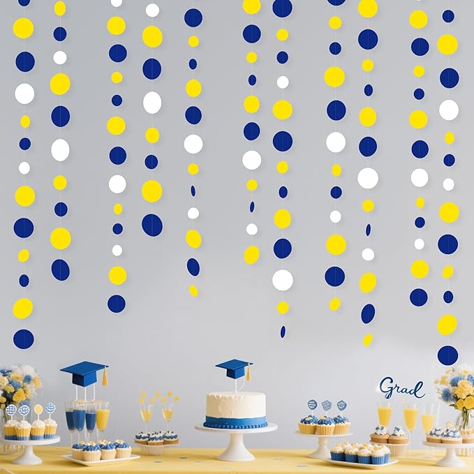 46Ft Navy Blue and Yellow Circle Dots Garland Royal Blue Yellow White Hanging by pinkblume